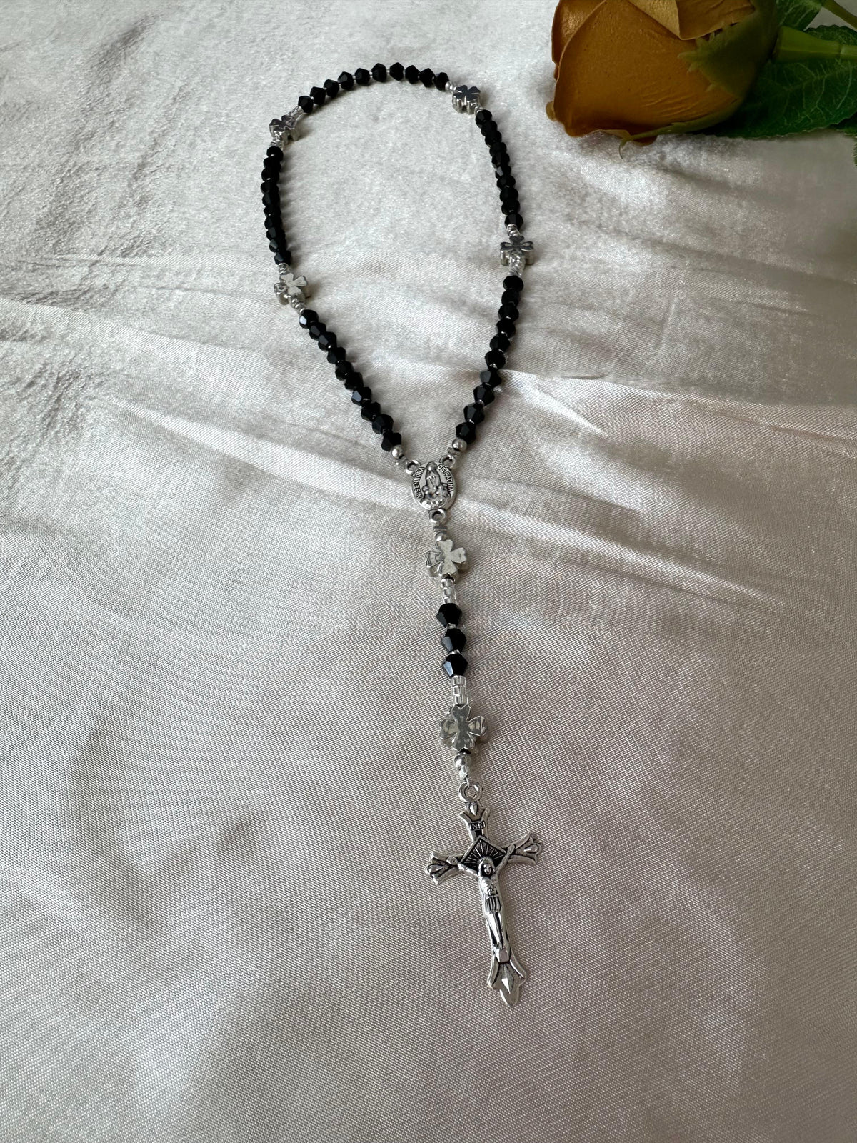Black Grace handmade rosary with black crystal beads and silver-tone accents