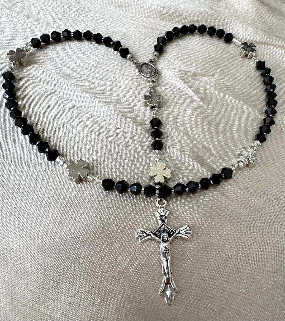 Black Grace Handmade Rosary with black crystal beads and silver accents