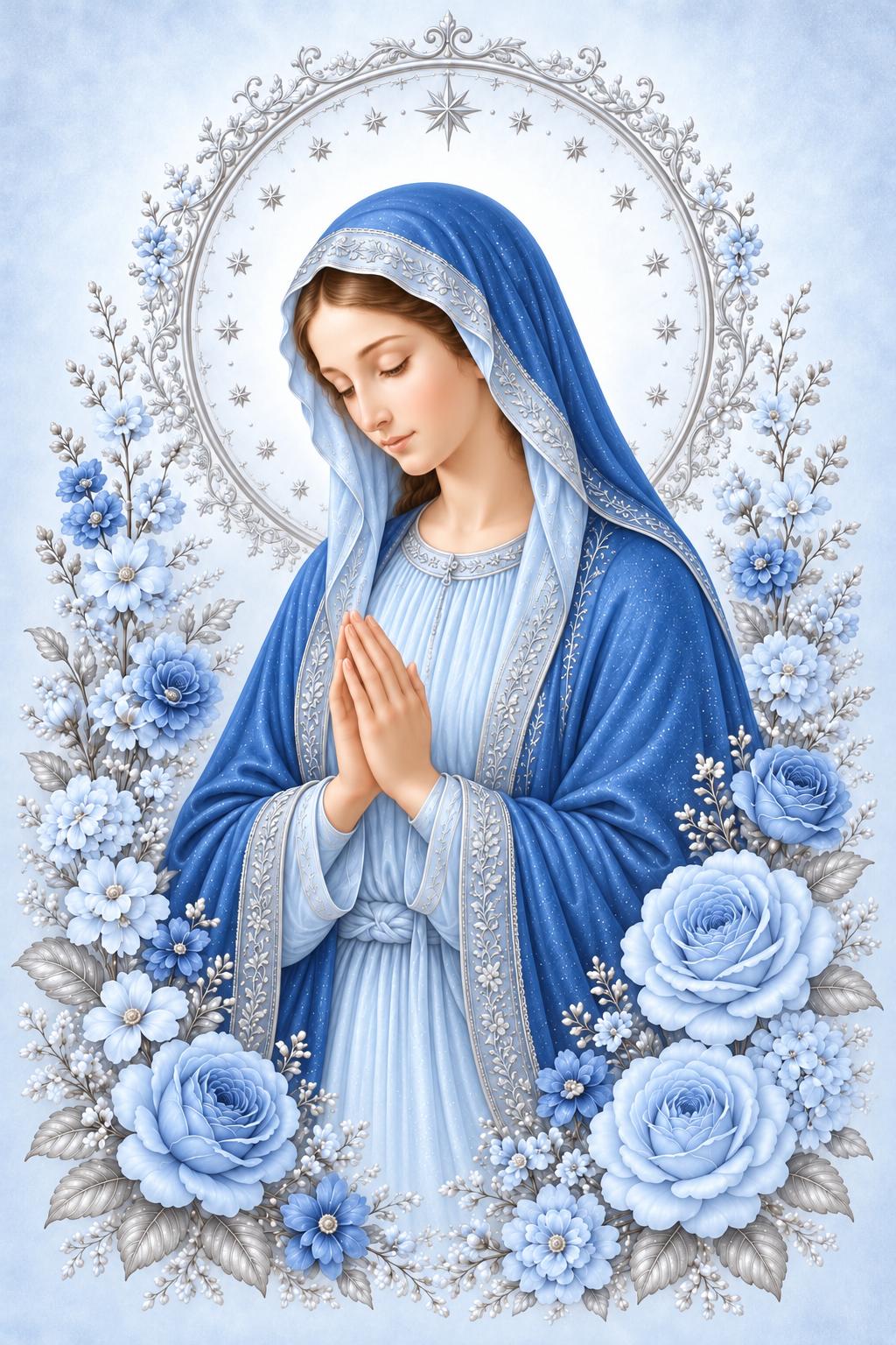 Blue Serenity Handmade Rosary with blue glass beads, silver-tone filigree details, Virgin Mary centerpiece and crucifix