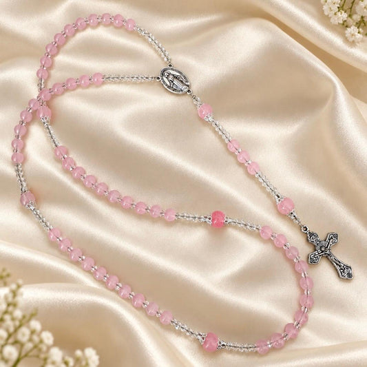 Blush Grace Handmade Rosary with pink glass beads, clear crystal accents, silver-tone Mary centrepiece and ornate crucifix