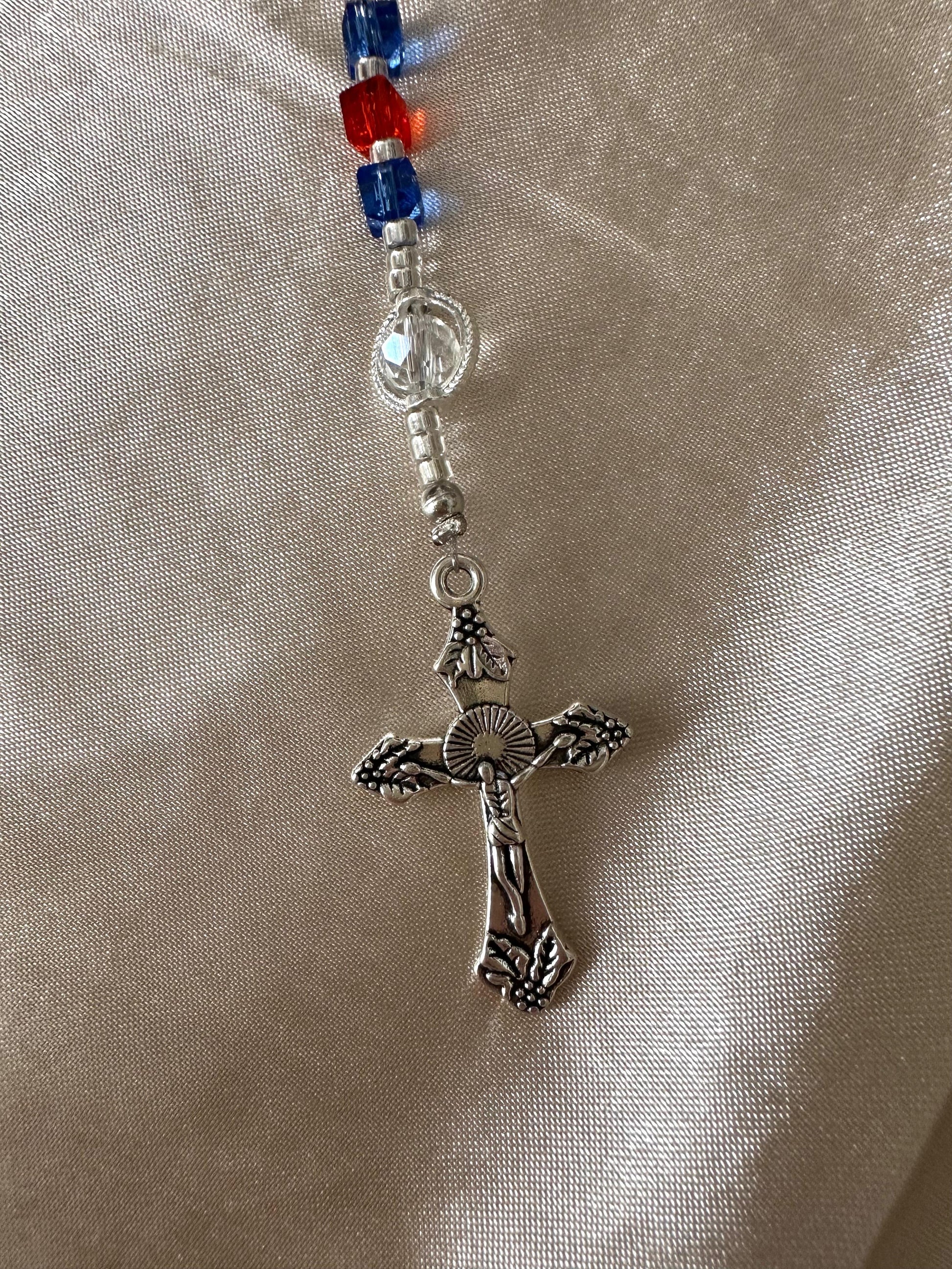 Crimson Indigo Grace handmade prayer rosary with red and indigo beads