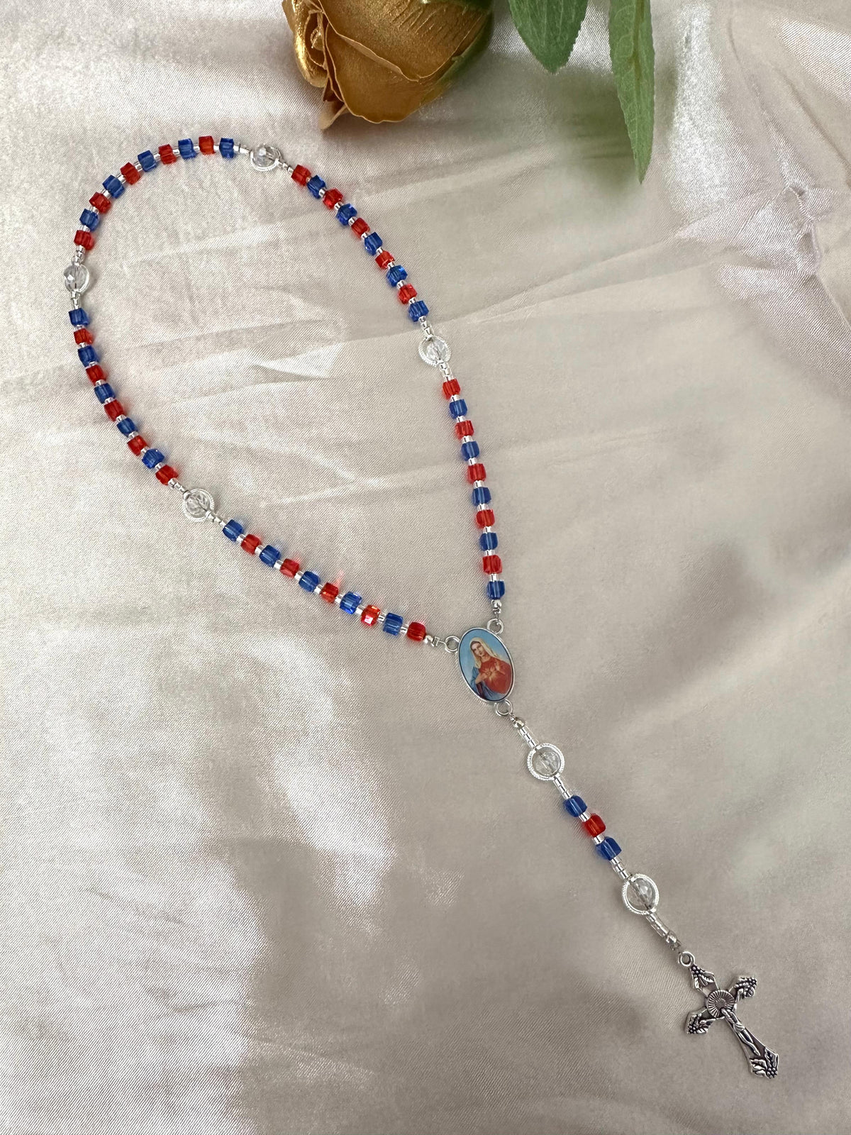 Handmade Crimson Indigo Grace rosary with red and indigo beads and silver-tone details