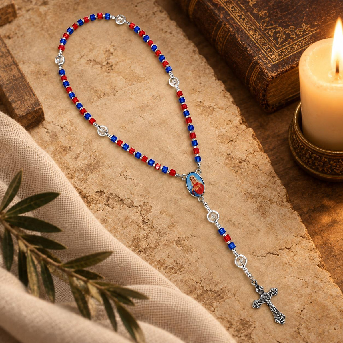 Crimson Indigo Grace handmade rosary with red and indigo beads and silver crucifix
