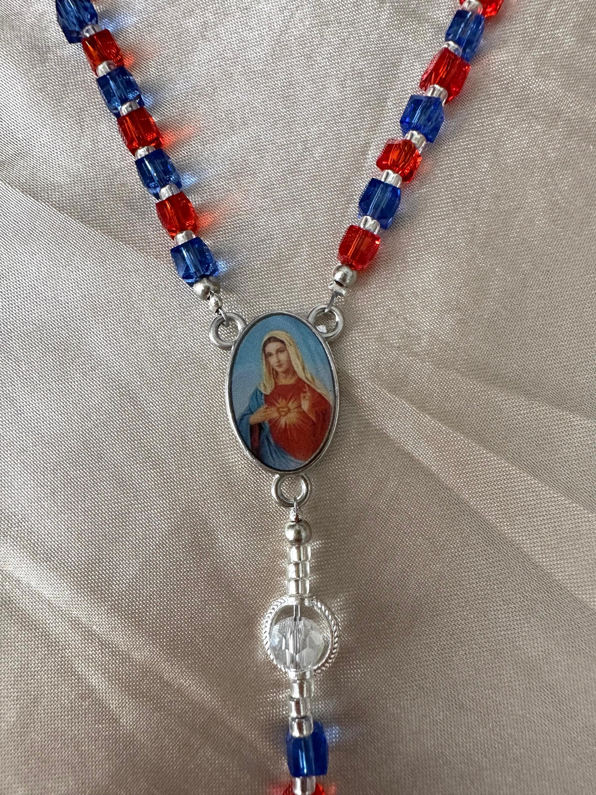 Crimson Indigo Grace handmade rosary with red and indigo beads and silver crucifix