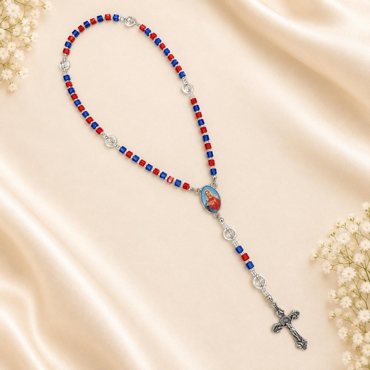 Crimson Indigo Grace handmade rosary with red and indigo beads and silver crucifix