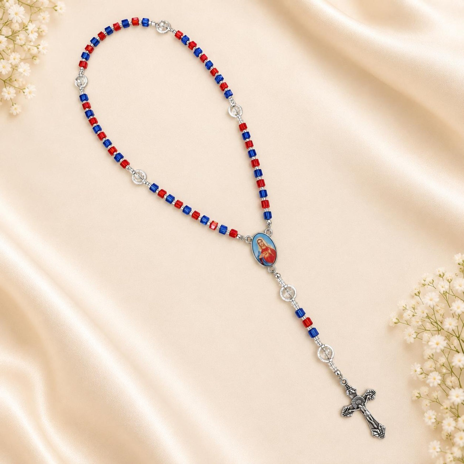 Crimson Indigo Grace handmade rosary with red and indigo beads and silver crucifix