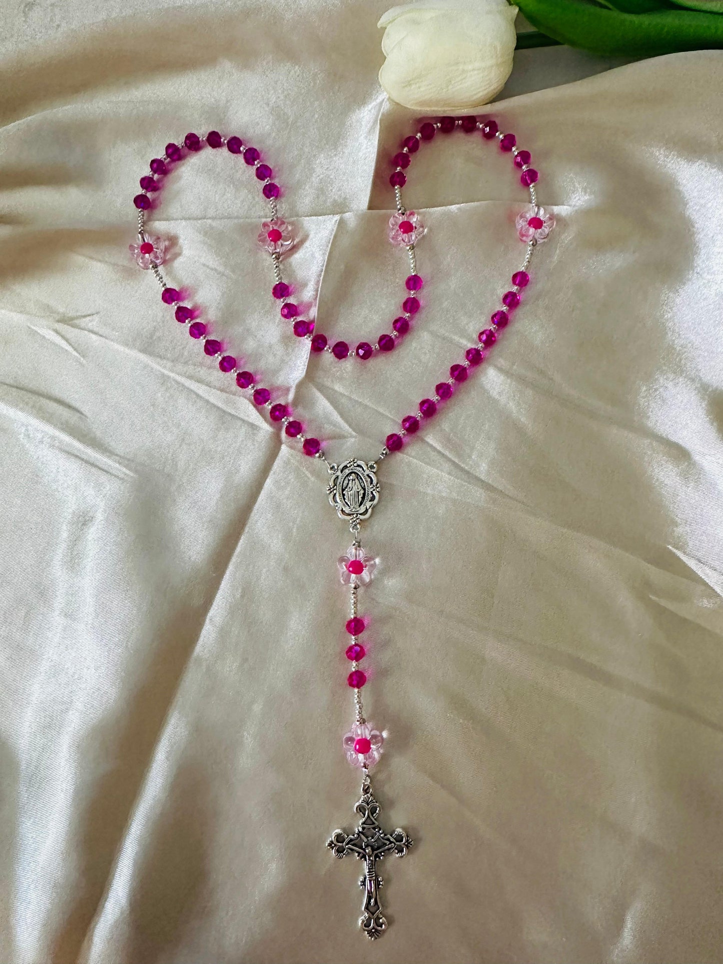 Fuchsia blossom handmade rosary with crystal and flower beads