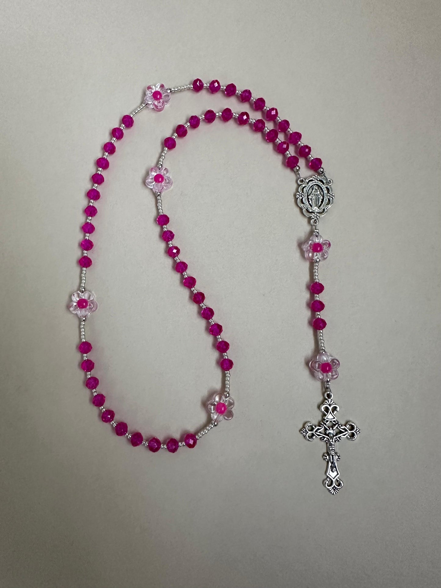 Fuchsia blossom handmade rosary with crystal and silver beads