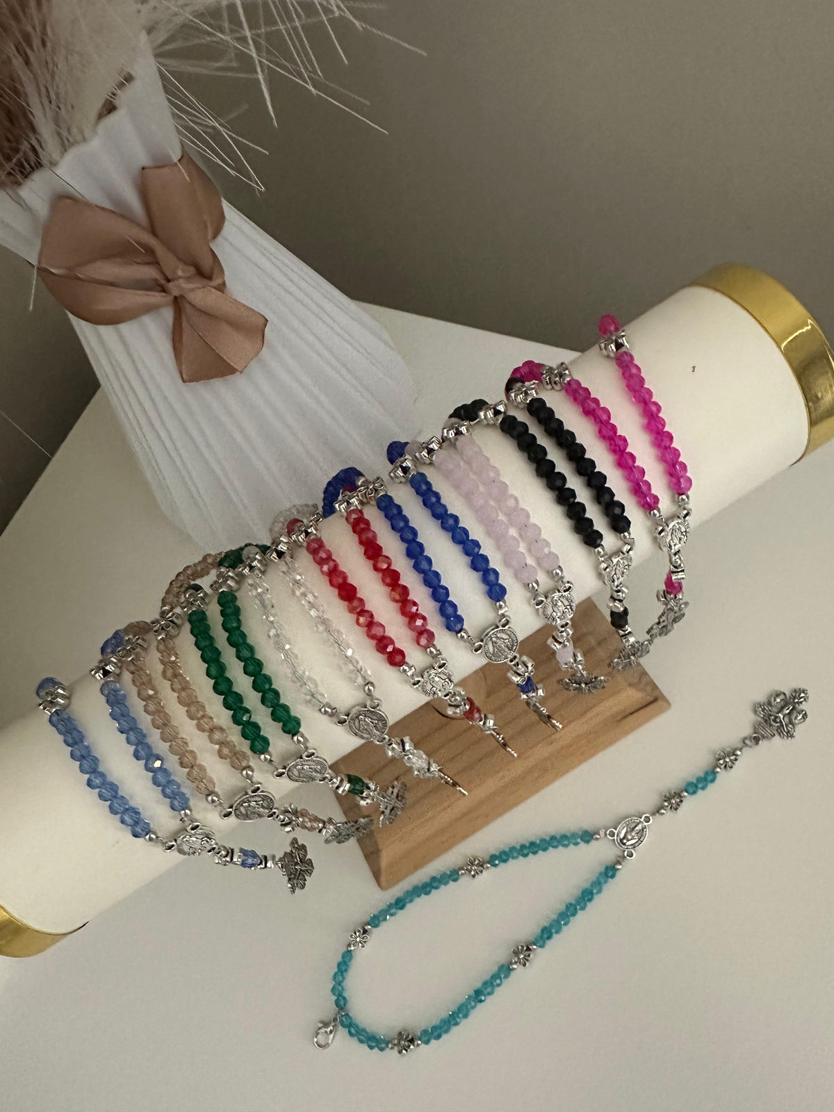 Grace in Bloom Silver-Tone rosary bracelets with colourful glass beads, silver-tone floral accents, Mary medallions and crucifixes.