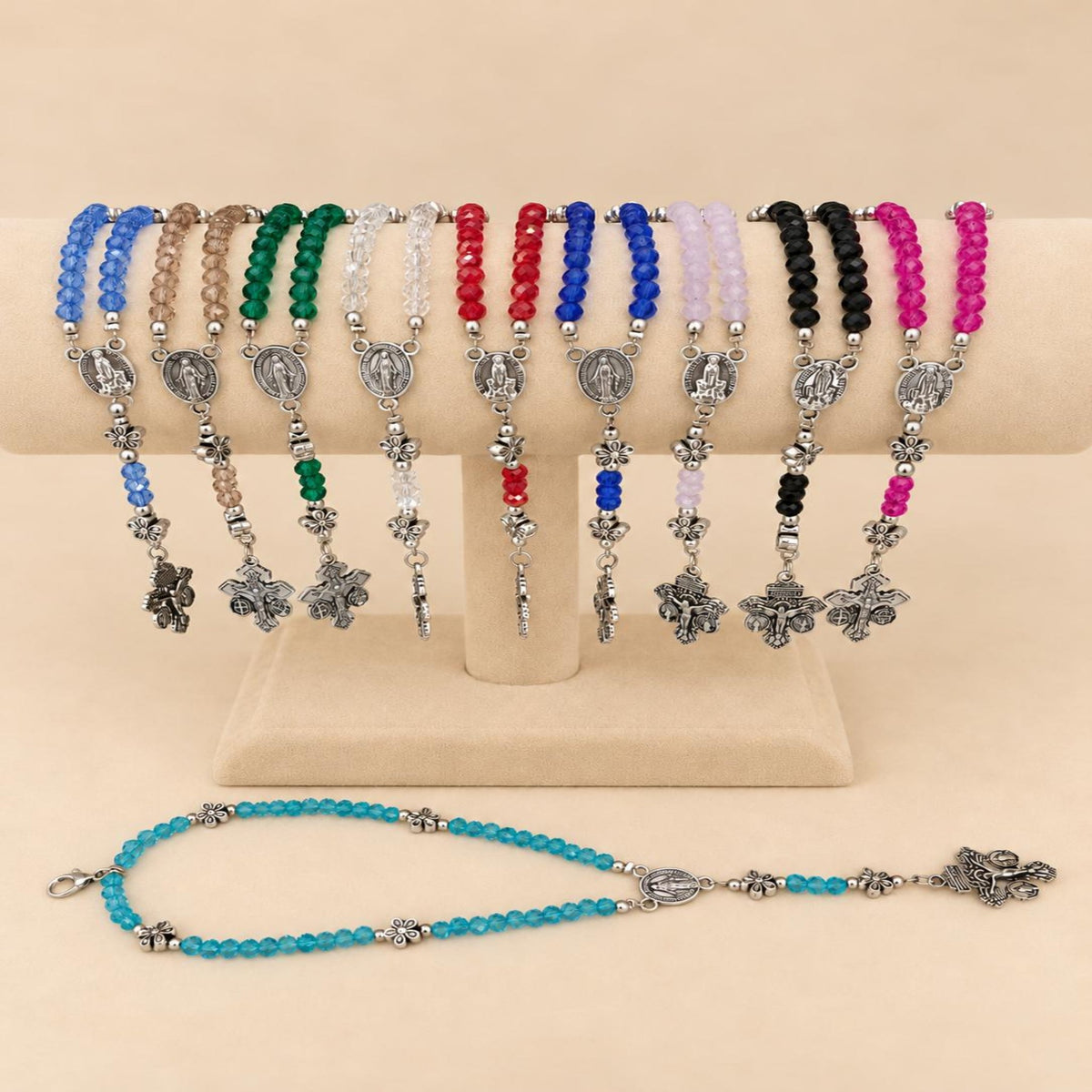Grace in Bloom Silver-Tone rosary bracelets with glossy colored glass beads, floral spacers, Virgin Mary medallions and crucifixes.