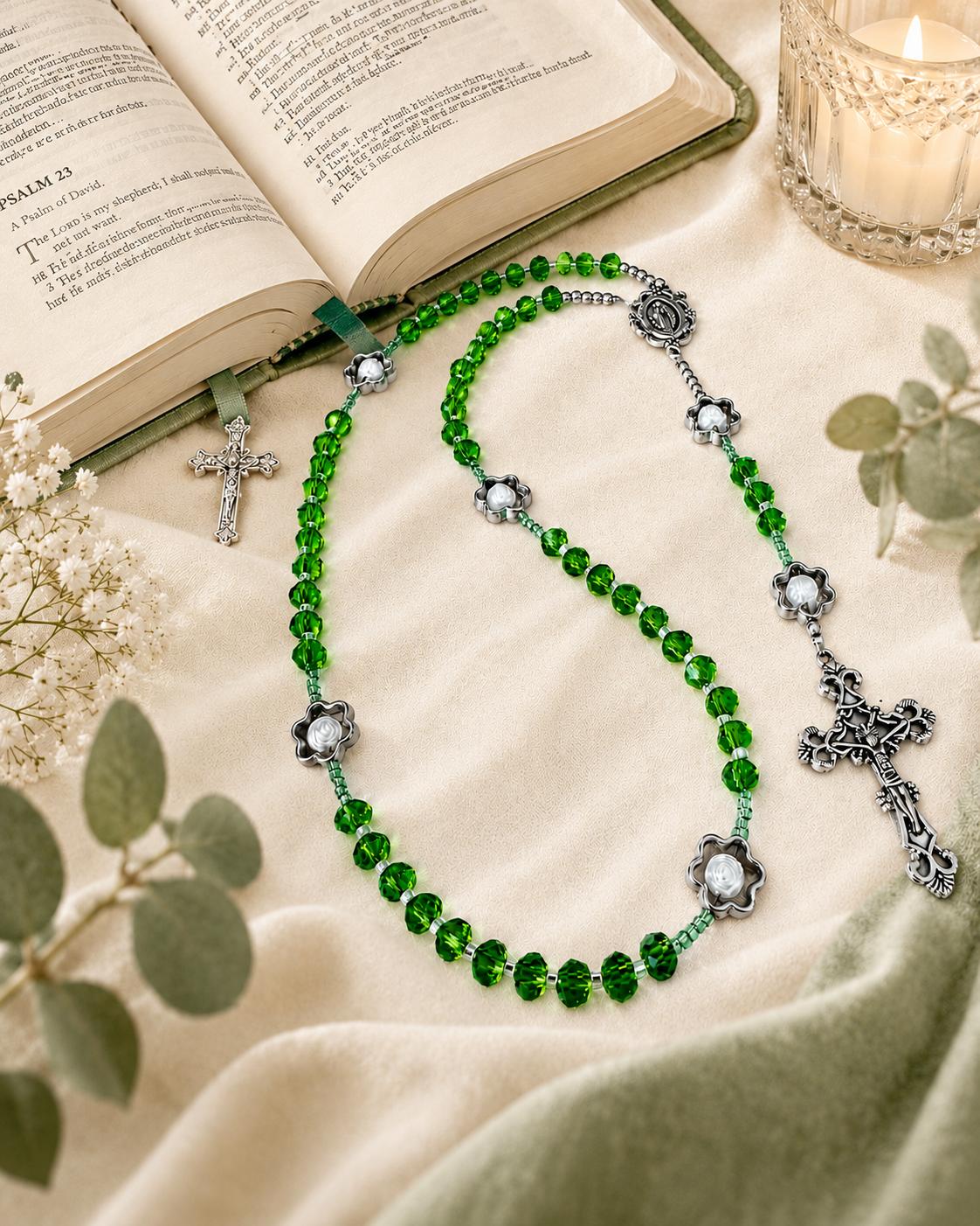 green bloom handmade rosary with crystal glass beads and silver-tone accents