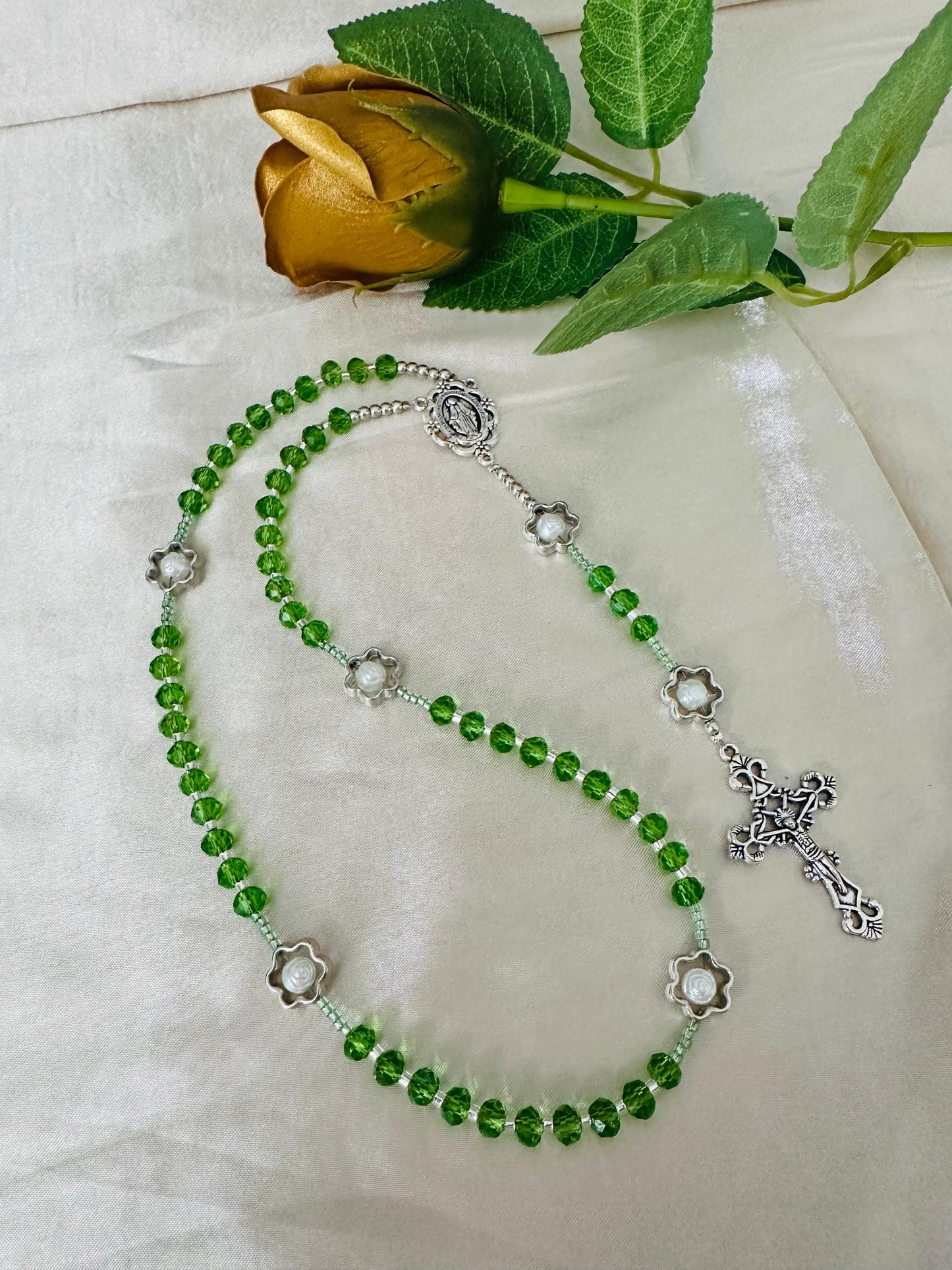 Green Bloom handmade rosary with green crystal and silver-toned beads