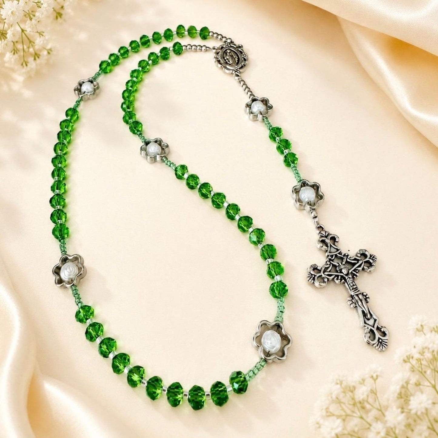 Green Bloom Handmade Rosary with green crystal and white rose beads