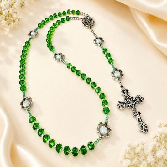 Green Bloom Handmade Rosary with green crystal and white rose beads