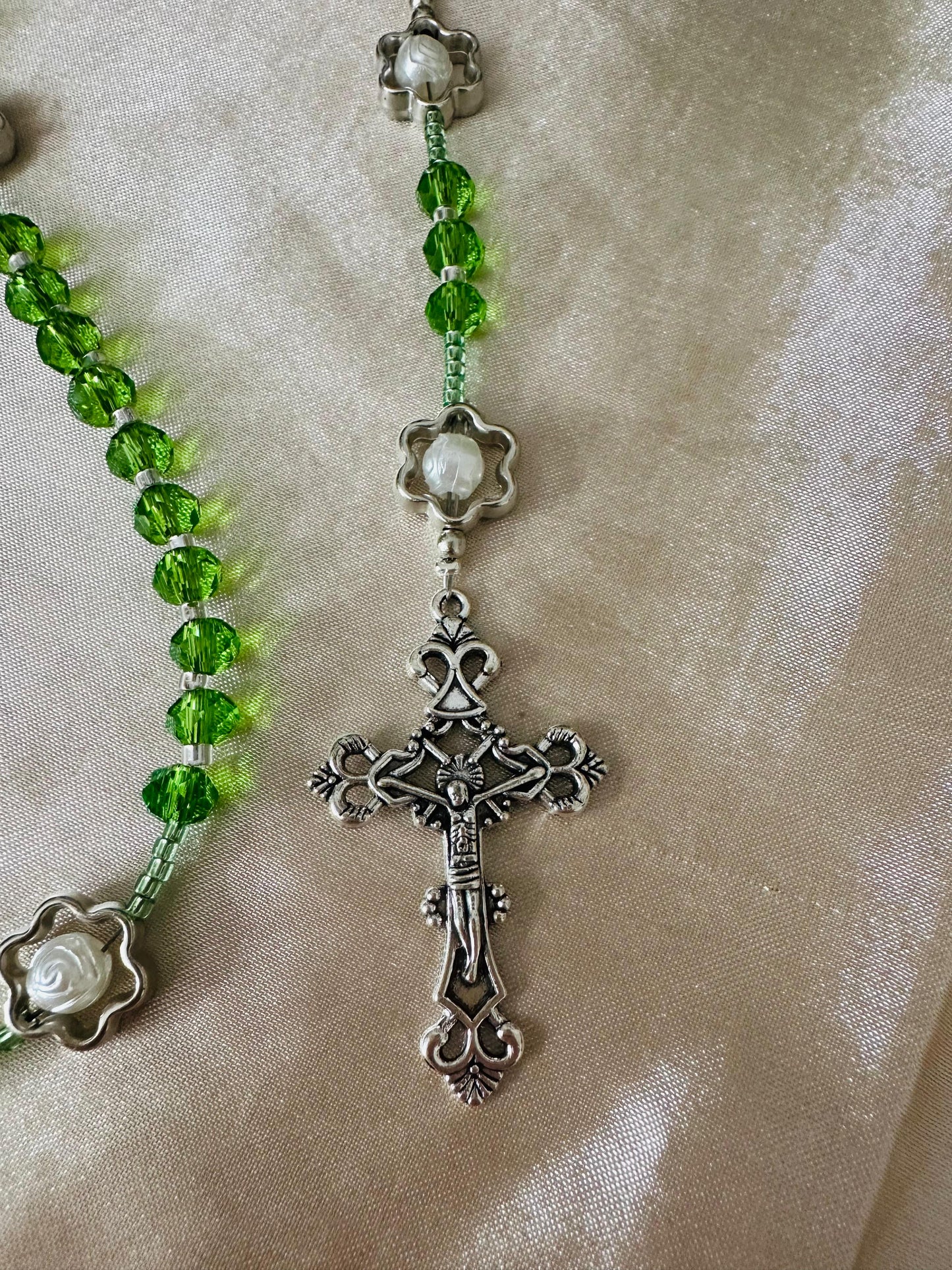 Green Bloom Handmade Rosary with green crystal beads and silver-tone flower accents