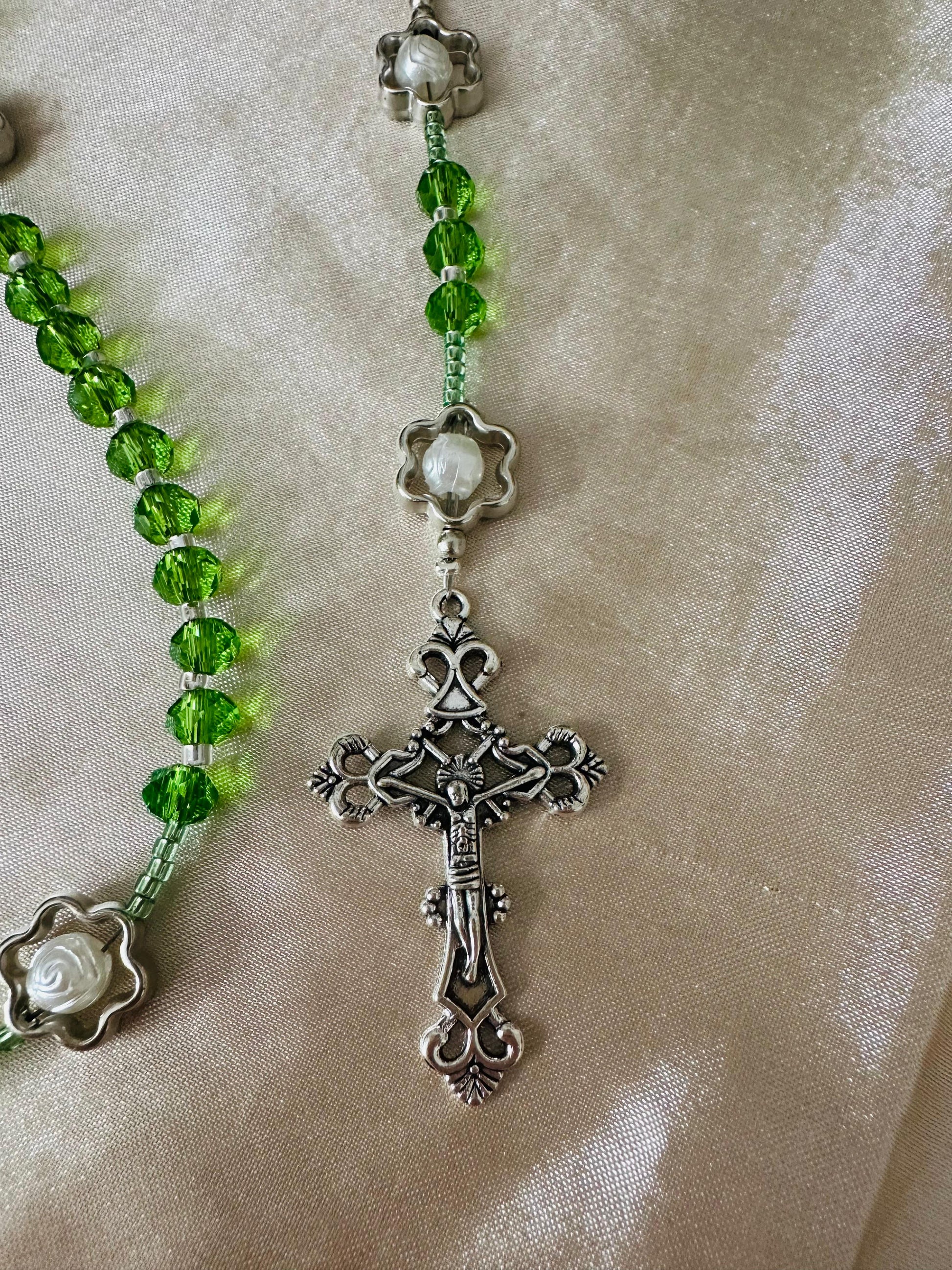 Green Bloom Handmade Rosary with green crystal beads and silver-tone flower accents