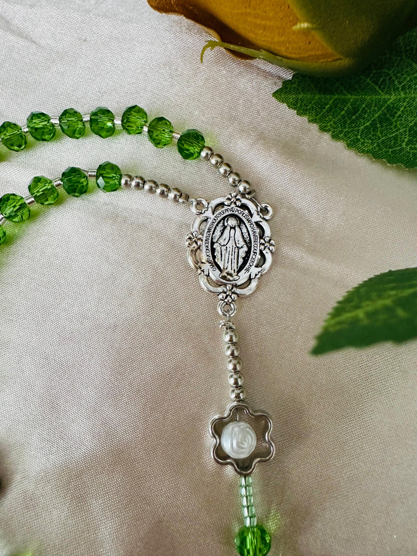 Green Bloom Handmade Rosary with green crystal and silver flower beads