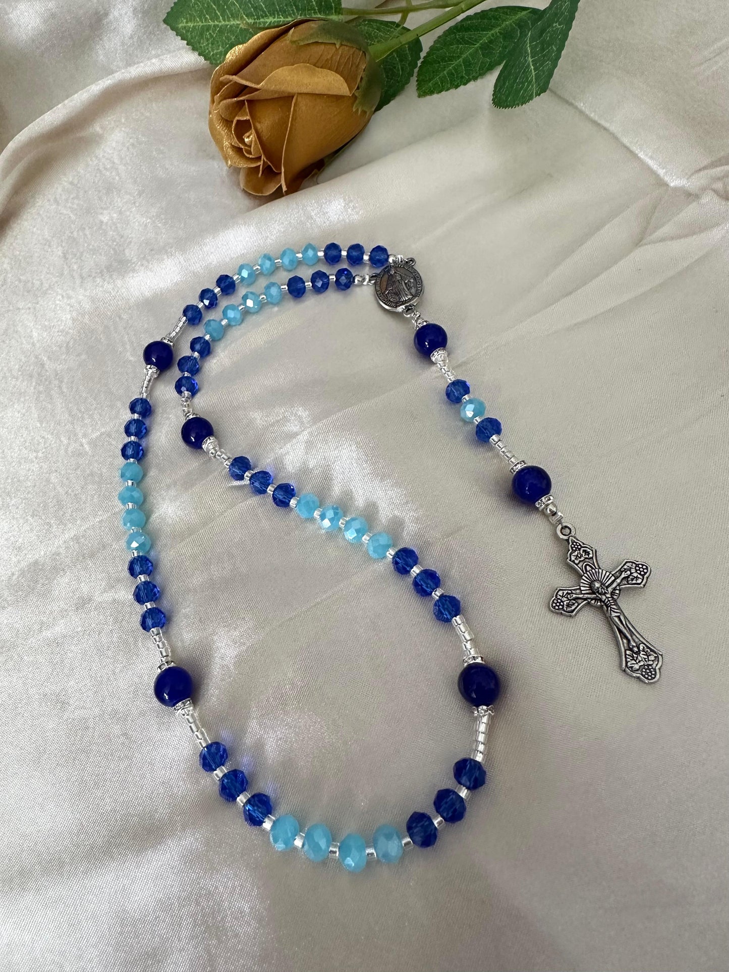 Indigo sky grace handmade rosary with indigo and baby blue beads