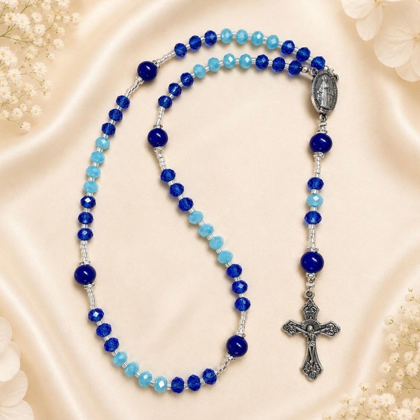 Indigo Sky Grace handmade rosary with indigo and blue crystal beads and silver-tone accents