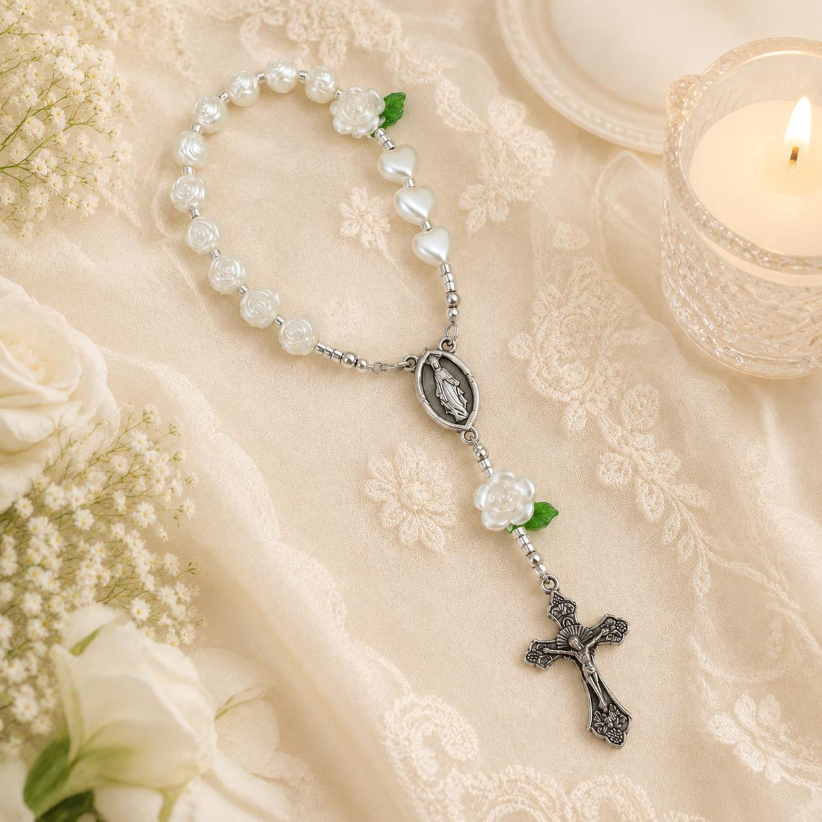 Ivory Rose Mini Rosary with clasp featuring rose and heart-shaped beads