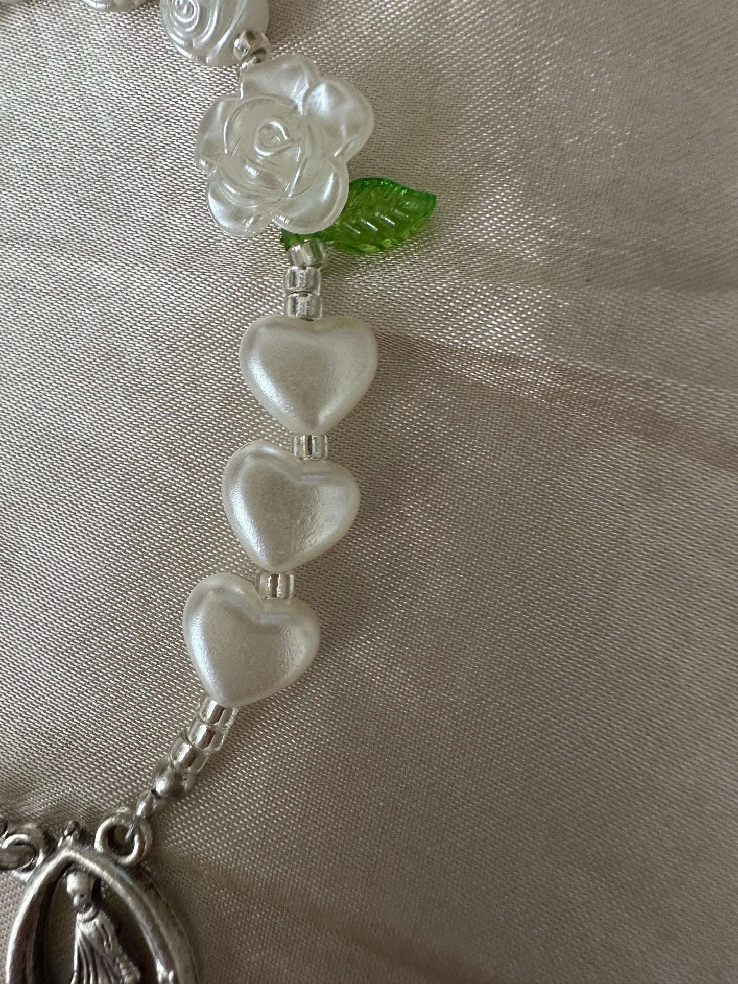 Ivory rose mini rosary with clasp featuring handcrafted faux pearl beads