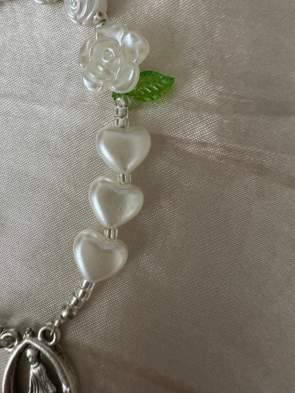 Ivory rose mini rosary with clasp featuring handcrafted faux pearl beads