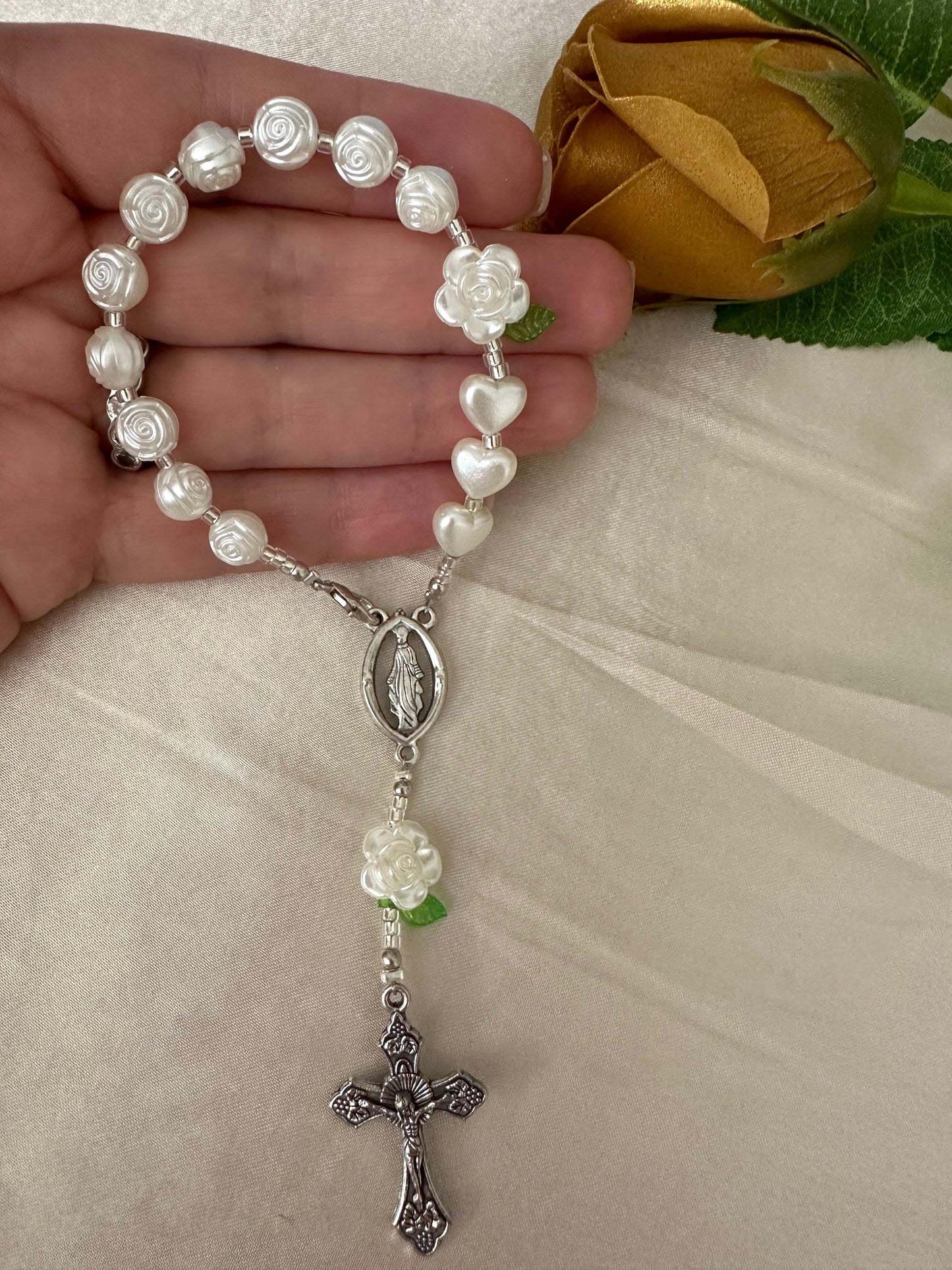 Ivory Rose Mini Rosary with lobster clasp and handmade beads