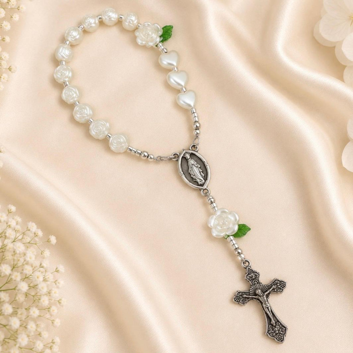 Ivory Rose Mini Rosary with clasp handcrafted prayer beads