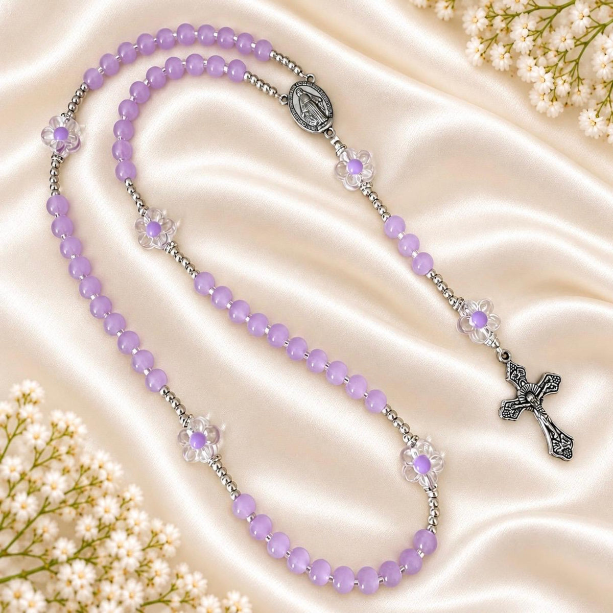 Lilac Blossom Handmade Rosary featuring lilac glass beads, transparent flower beads with lilac centers, and silver-tone crucifix and accents