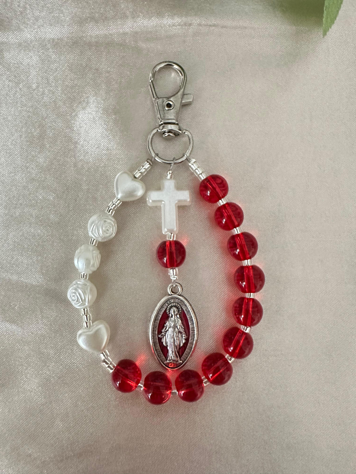 Mary’s Grace Handmade Catholic Keychain with ruby-red glass beads, ivory rose and heart beads, white cross, and Mary medal