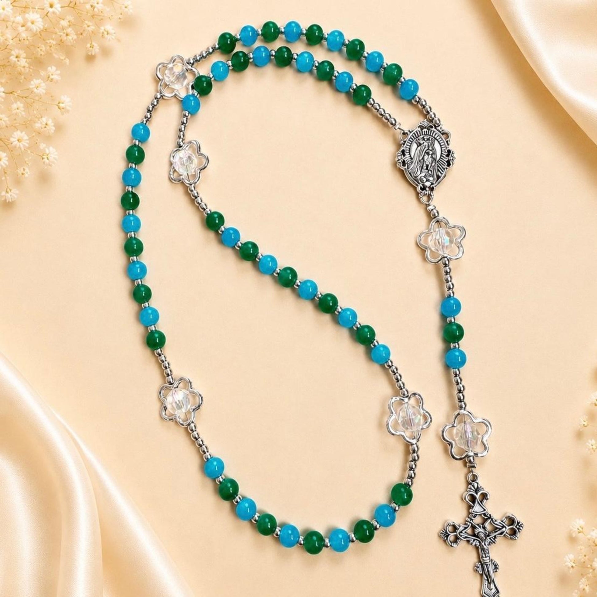 Ocean Bloom Handmade Rosary with green turquoise beads and silver accents
