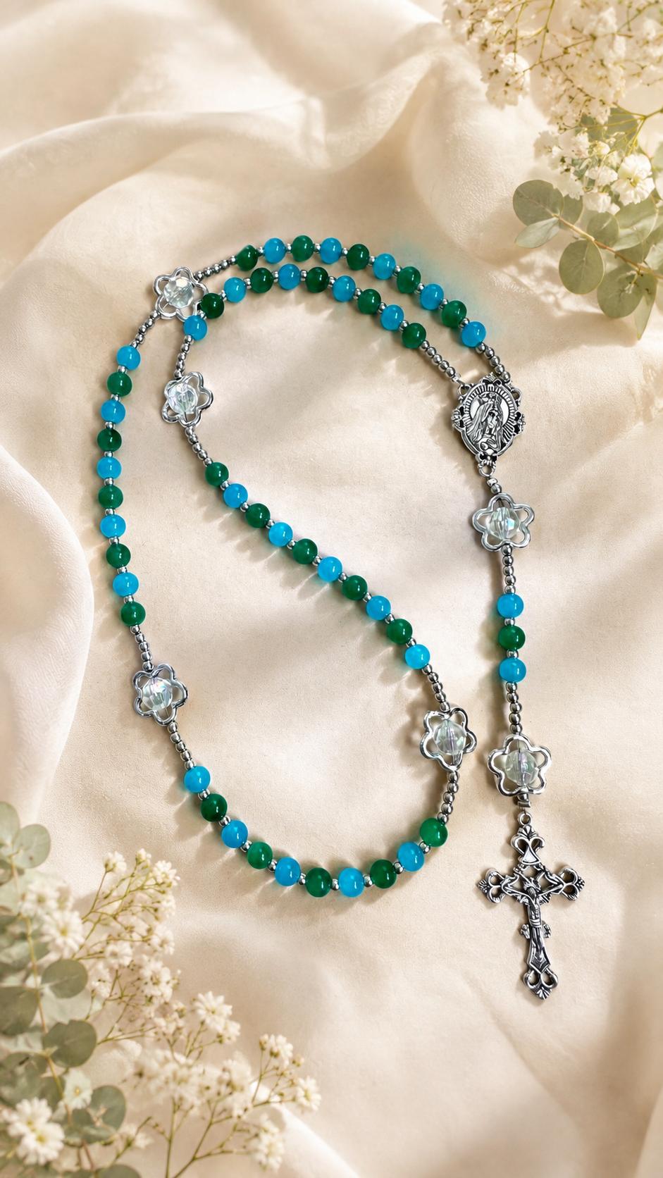 Ocean Bloom handmade rosary with green and turquoise beads