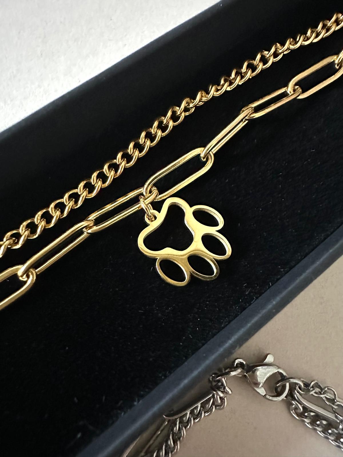 stainless steel paw print double chain bracelet in gold and silver
