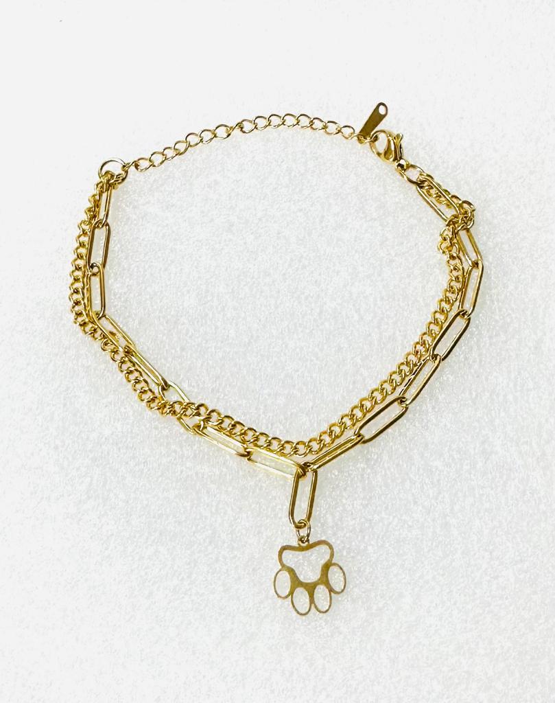 paw print double chain stainless steel bracelet in gold and silver