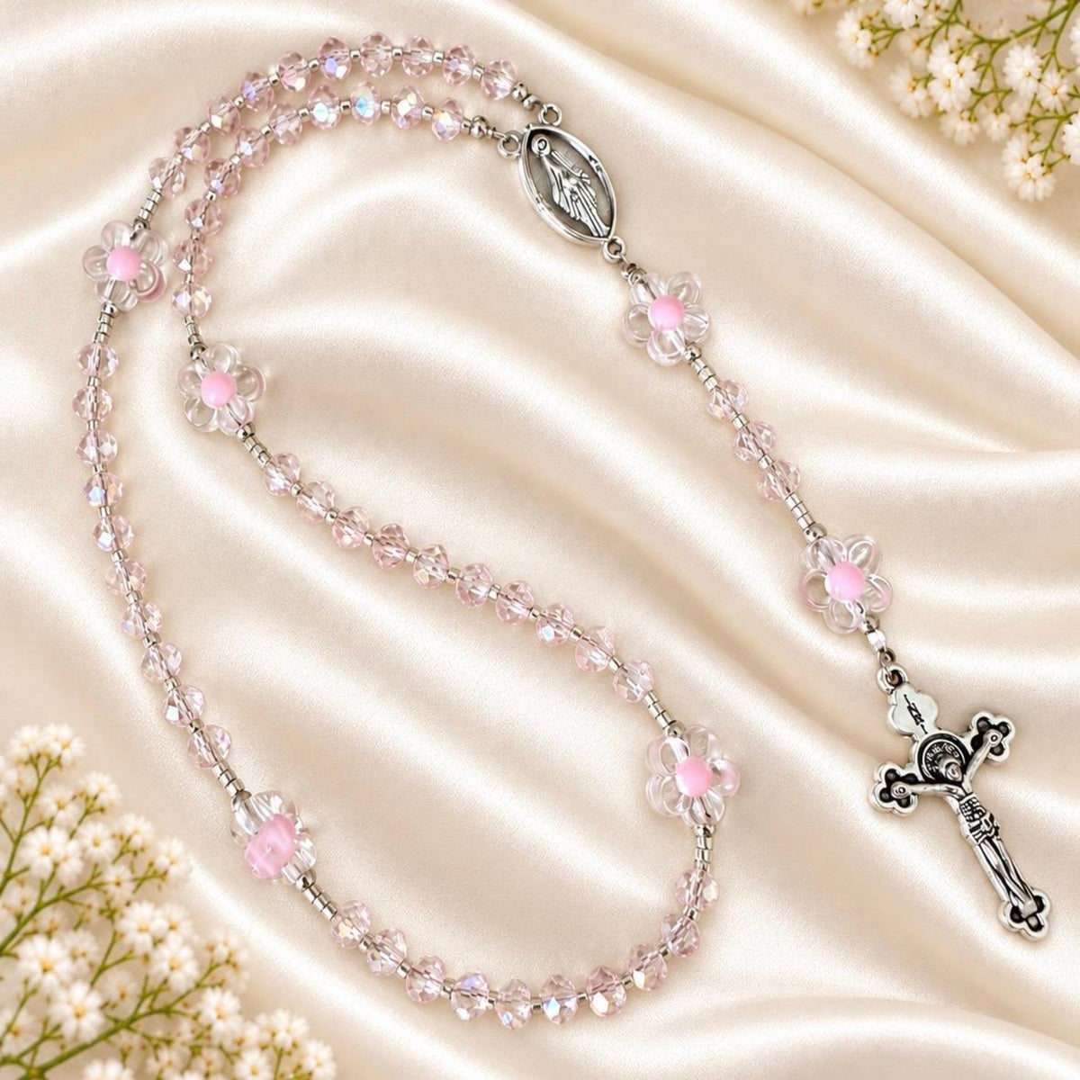 Pink Blossom Handmade Rosary with 6 mm pink crystal glass beads, transparent acrylic flower beads with pink centers, and silver tone crucifix