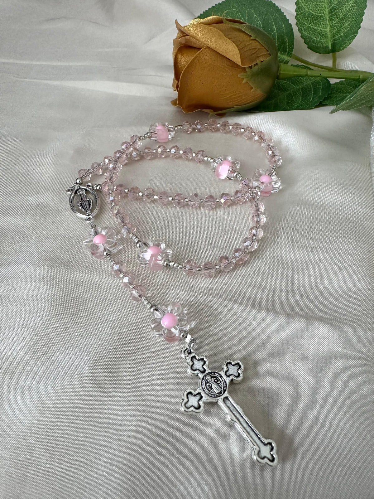 Pink Blossom Handmade Rosary with delicate pink crystal glass beads, transparent flower accents, and silver tone crucifix and centerpiece