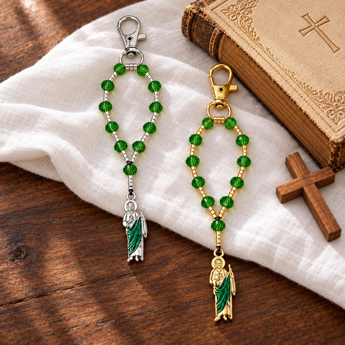 Sacred Hope Handmade Catholic Keychain with green crystal beads, silver accents and a green-robed religious charm.