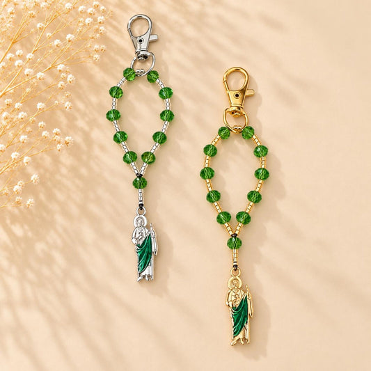 Sacred Hope Handmade Catholic Keychain with green faceted beads, metallic accents, and a green-robed religious charm.