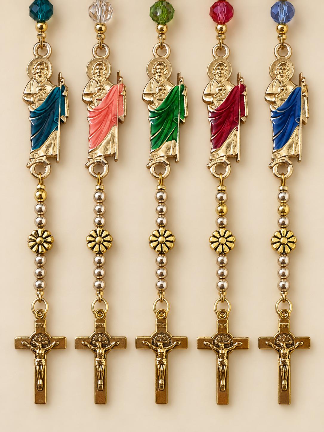 Sacred Hope Handmade Rosary Bracelet with gold-tone religious centerpiece, flower beads and crucifix, shown in five bead colours
