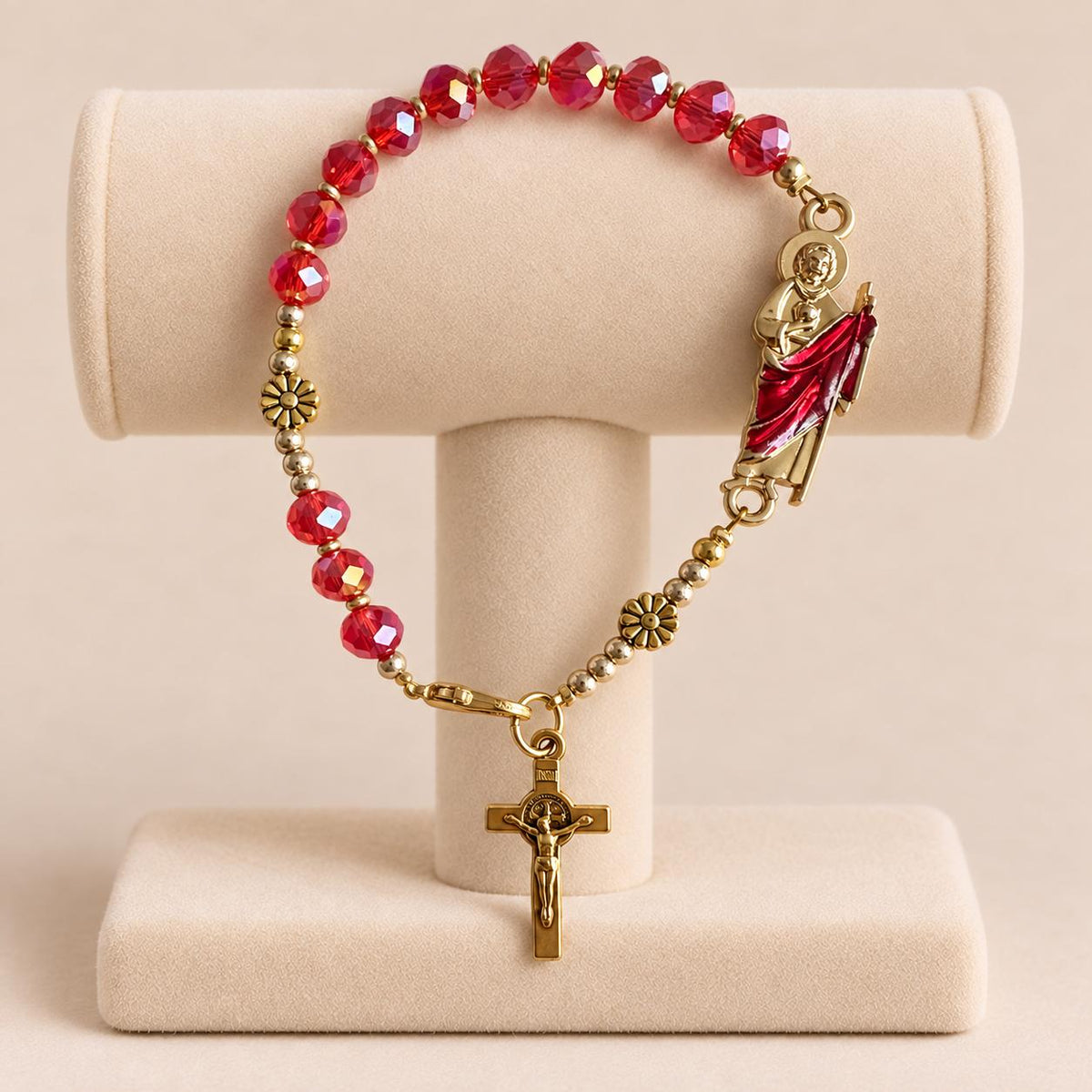 Sacred Hope Handmade Rosary Bracelet with red faceted crystal beads, gold-tone flower accents, religious centerpiece and crucifix